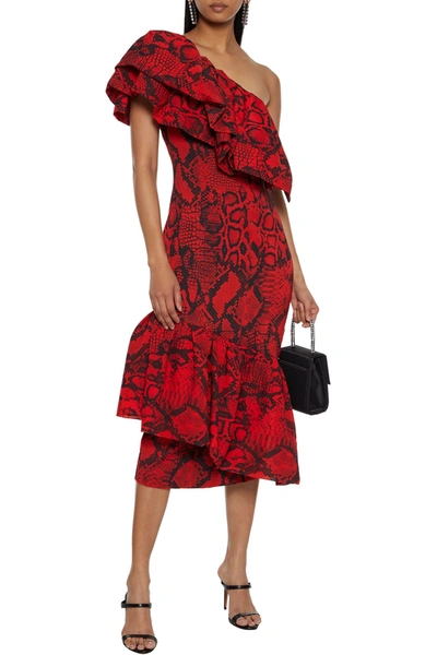 Solace London Heppy One-shoulder Snake-print Crepe De Chine Midi Dress In Red