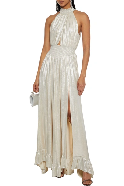 Retroféte Carly Cutout Shirred Lamé Gown In Platinum