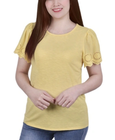Ny Collection Women's Short Eyelet-cut-out Sleeve Scoop Neck Top In Lemon