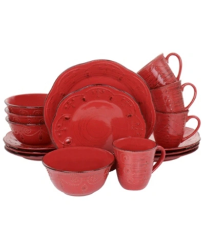 Elama Rustic Birch Dinnerware Set Of 16 Pieces In Red