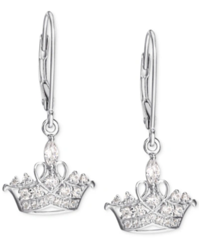 Disney Cubic Zirconia Princess Tiara Drop Earrings In Sterling Silver