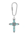 SYMBOLS OF FAITH SILVER-TONE AQUA MOONSTONE AQUA CRYSTAL CROSS KEY CHAIN