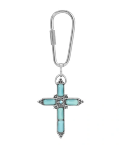 Symbols Of Faith Silver-tone Aqua Moonstone Aqua Crystal Cross Key Chain In Green