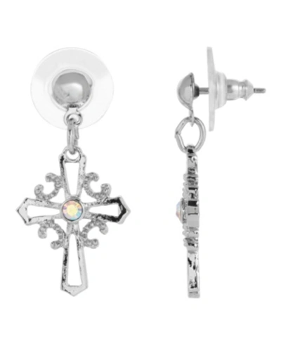 Symbols Of Faith Silver-tone Crystal Cross Drop Earrings