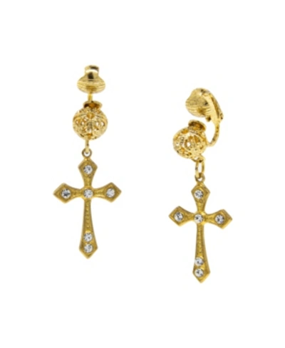 Symbols Of Faith 14k Gold Dipped Crystal Cross Clip Earrings In White