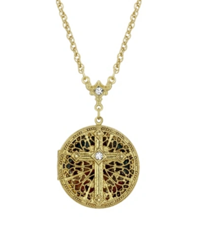 Symbols Of Faith 14k Gold Dipped Crystal Cross Round Locket Necklace In White