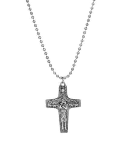 Symbols Of Faith Men's Pewter Shepard And Sheep Cross Necklace In Silver-tone