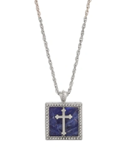 Symbols Of Faith Silver-tone Semi-precious Sodalite Square Crystal Cross Pendant In Blue