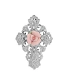 SYMBOLS OF FAITH SILVER-TONE PINK PORCELAIN ROSE CROSS PIN