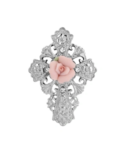 Symbols Of Faith Silver-tone Pink Porcelain Rose Cross Pin