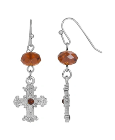Symbols Of Faith Silver-tone Brown Crystal Cross Drop Earrings