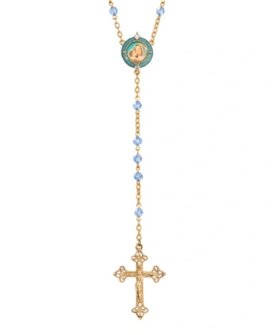 Symbols Of Faith 14k Gold-dipped Mary And Child Decal Beaded Rosary In Blue