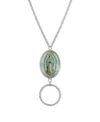 SYMBOLS OF FAITH SILVER-TONE OVAL LADY OF GUADALUPE EYE GLASS HOLDER NECKLACE