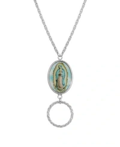 Symbols Of Faith Silver-tone Oval Lady Of Guadalupe Eye Glass Holder Necklace In Blue