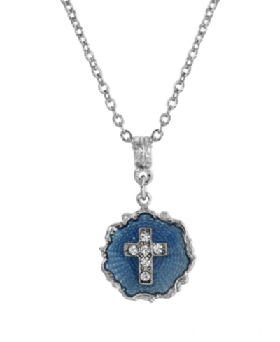 Symbols Of Faith Silver-tone Blue Enamel Crystal Cross Round Necklace