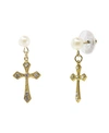 SYMBOLS OF FAITH GOLD-TONE CRYSTAL CROSS WITH IMITATION PEARL STUD DROP EARRINGS