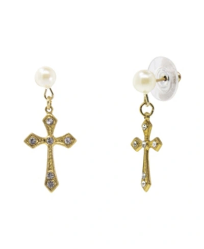 Symbols Of Faith Gold-tone Crystal Cross With Imitation Pearl Stud Drop Earrings In White