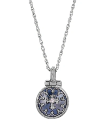 Symbols Of Faith Silver-tone Blue Enamel Cross Pendant Enclosed Virgin Mary Necklace