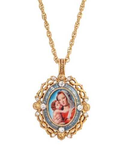 Symbols Of Faith 14k Gold-dipped Crystal Blue Enamel Mary And Child Pendant Necklace In Gold-tone