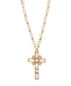 SYMBOLS OF FAITH 14K GOLD DIPPED CRYSTAL CROSS IMITATION PEARL CHAIN NECKLACE