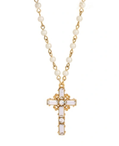 Symbols Of Faith 14k Gold Dipped Crystal Cross Imitation Pearl Chain Necklace In White