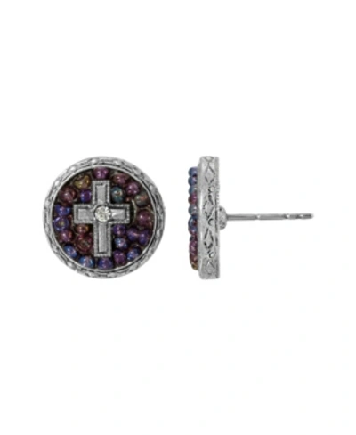 Symbols Of Faith Pewter Purple Seeded Beads Crystal Cross Round Button Earring