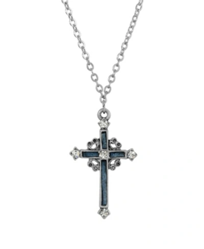 Symbols Of Faith Pewter Blue Hand Enamel Cross With Crystals Necklace