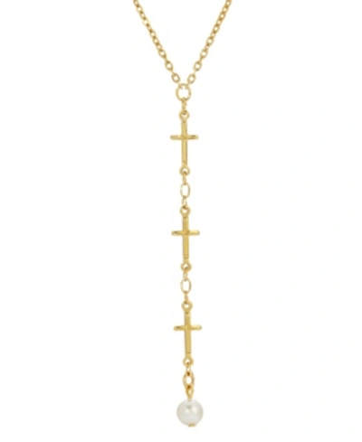 Symbols Of Faith 14k Gold Dipped Triple Cross Drop Imitation Pearl Necklace In White