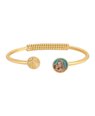 Symbols Of Faith 14k Gold-dipped Cross And Mary And Child Decal Accent Spring Hinge Bracelet In Yellow