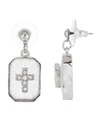 SYMBOLS OF FAITH SILVER-TONE FROSTED STONE CRYSTAL CROSS DROP EARRINGS