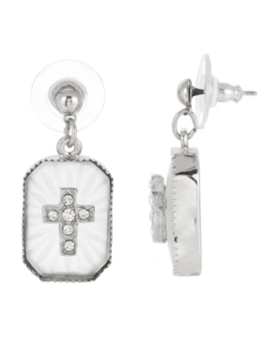 Symbols Of Faith Silver-tone Frosted Stone Crystal Cross Drop Earrings In White