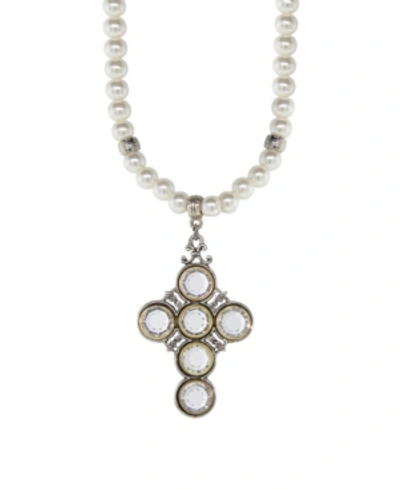 Symbols Of Faith Pewter Cross Imitation Pearl Clear Crystal Necklace In White