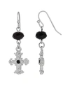 SYMBOLS OF FAITH SILVER-TONE BLACK CRYSTAL CROSS DROP EARRINGS