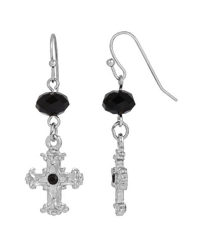 Symbols Of Faith Silver-tone Black Crystal Cross Drop Earrings