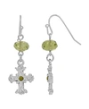 Symbols Of Faith Silver-tone Green Crystal Cross Drop Earrings In Green