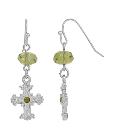 Symbols Of Faith Silver-tone Green Crystal Cross Drop Earrings