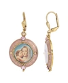 Symbols Of Faith 14k Gold-dipped Crystal Enamel Mary And Child Decal Image Earrings In Pink