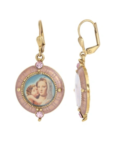 Symbols Of Faith 14k Gold-dipped Crystal Enamel Mary And Child Decal Image Earrings In Pink