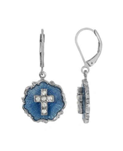 Symbols Of Faith Silver-tone Blue Enamel Crystal Cross Round Earrings
