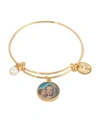 SYMBOLS OF FAITH 14K GOLD DIPPED CROSS MARY AND CHILD CHARM BANGLE BRACELET