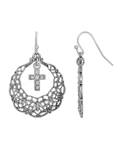 Symbols Of Faith Pewter Hoop Crystal Cross Drop Earrings In White