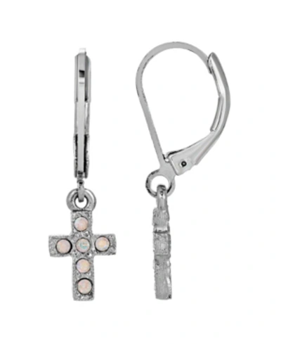 Symbols Of Faith Silver-tone Crystal Ab Cross Drop Earrings In White