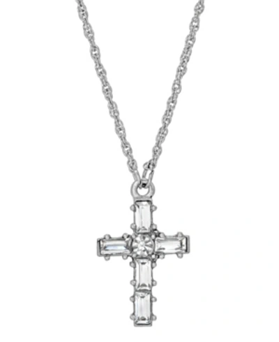 Symbols Of Faith Pewter Crystal Small Cross Necklace In White