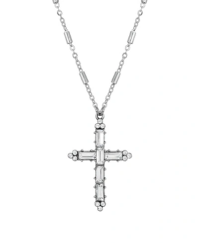 Symbols Of Faith Pewter Crystal Cross Silver-tone Chain Necklace In White