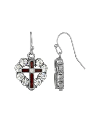 Symbols Of Faith Pewter Red Enamel Cross Crystal Heart Earring