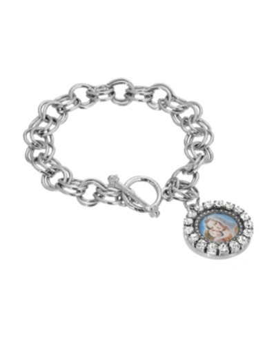 Symbols Of Faith Silver-tone Toggle Mary And Child Charm Bracelet In White