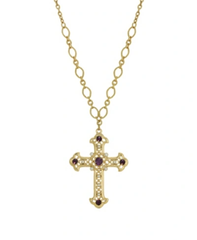 Symbols Of Faith 14k Gold Dipped Amethyst Cross Necklace In Purple