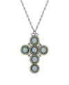 SYMBOLS OF FAITH PEWTER CROSS WITH ROUND BLUE CRYSTAL NECKLACE
