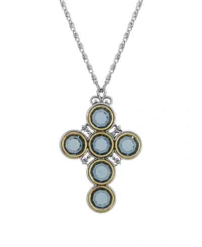 Symbols Of Faith Pewter Cross With Round Blue Crystal Necklace