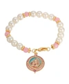 SYMBOLS OF FAITH 14K GOLD-DIPPED IMITATION PEARL MARY AND CHILD IMAGE CHARM BRACELET